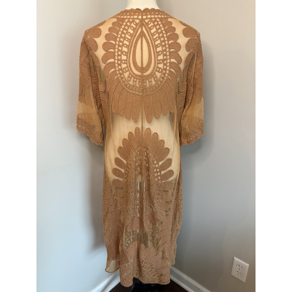Rebellion Again Brown Tan Lace Duster Mesh Embroidered Paisley Beach Boho Small - Picture 4 of 6